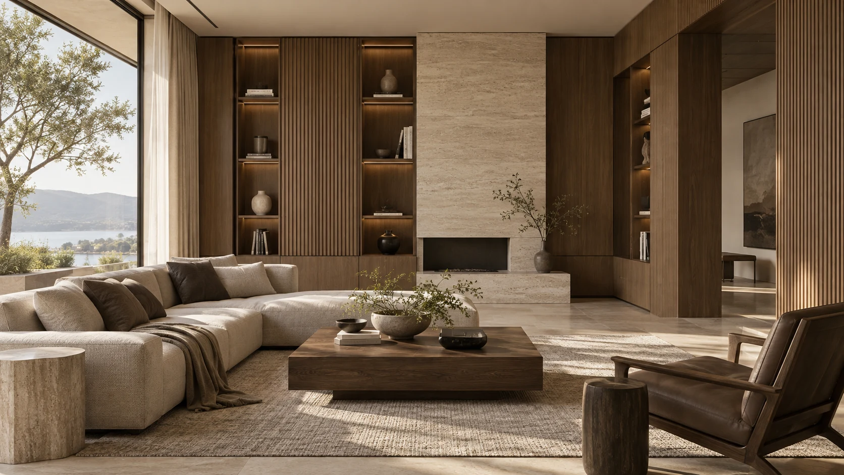 Warm wood living room with custom wall storage