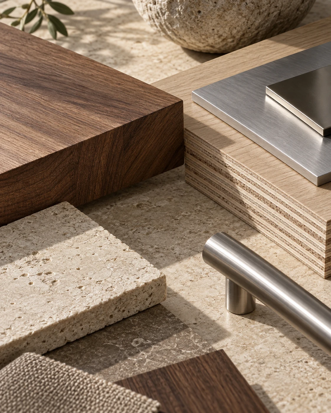 Solid wood, plywood, stone and metal material samples
