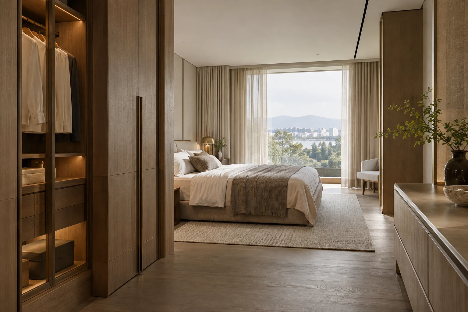Warm oak wardrobe and bedroom interior
